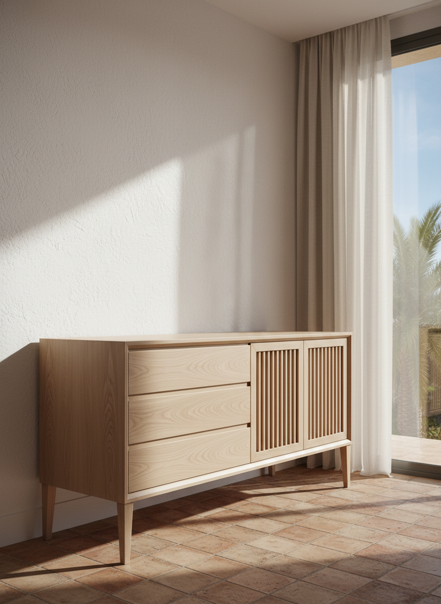 A bespoke solid ash sideboard with clean, modern lines and tapered legs, featuring a combination of drawers and finely aligned slatted doors, stands against a textured white wall in a Mallorcan townhouse. The pale wood contrasts elegantly with the warm terracotta tiled floor, and a large, frameless window to the right reveals a glimpse of blue sky and palm fronds outside. Late morning sunlight enters, diffused by sheer curtains, wrapping the furniture in a soft glow and creating gentle reflections on its smooth surface. Photographic realism, composed using the rule of thirds, with the sideboard slightly off-center and sharp focus throughout. The atmosphere is sophisticated yet warm, highlighting artisanal woodworking and custom-made furniture in a relaxed Mediterranean home setting.