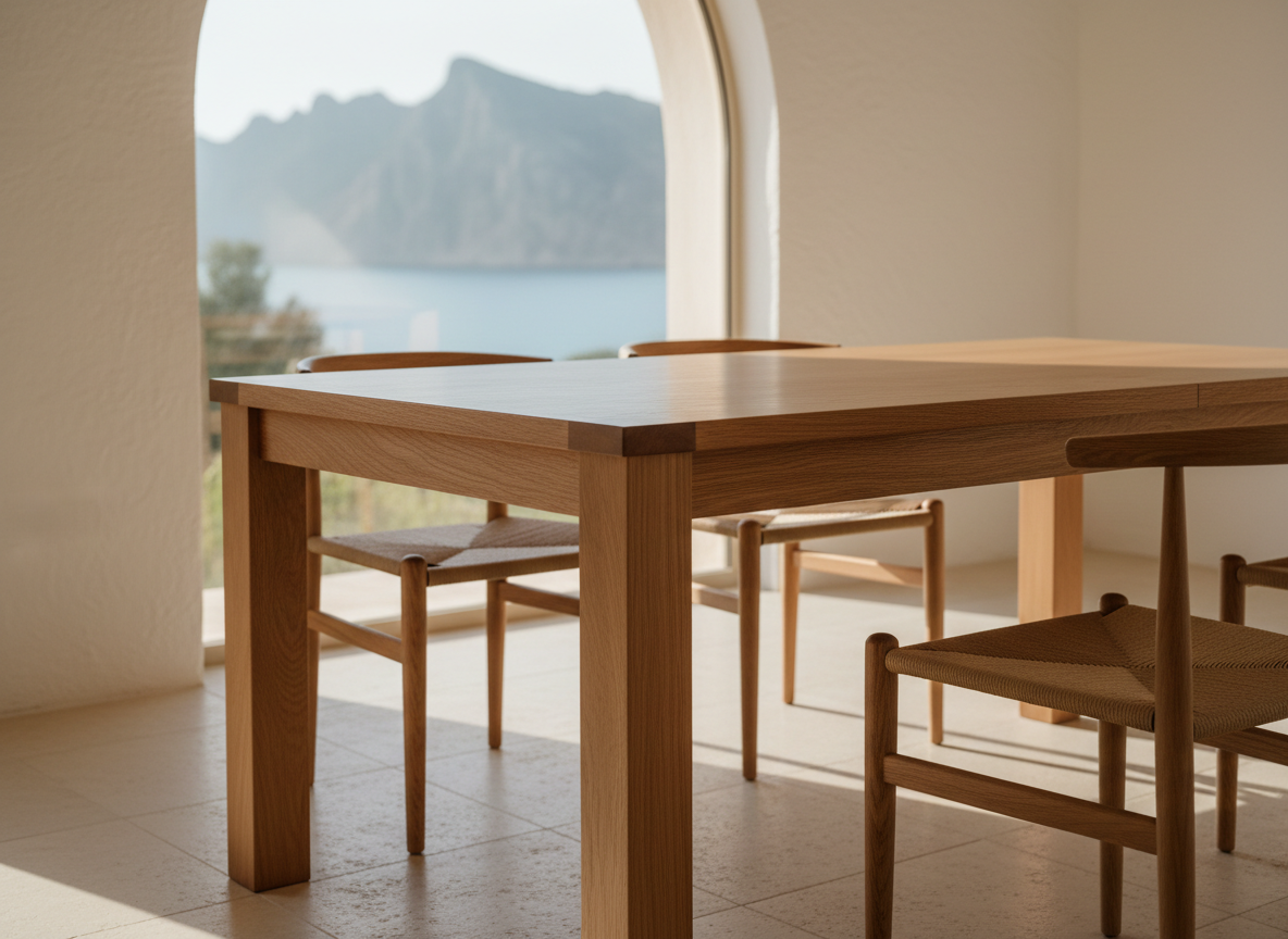 A finely crafted solid oak dining table with a smooth, satin finish and subtly chamfered edges, its grain running in warm honey and amber tones. The table is set in a minimalist, sunlit Mallorcan living space with white limewashed walls and a large window revealing a soft glimpse of the Mediterranean sea and distant Serra de Tramuntana hills. Late afternoon golden light pours in, caressing the wood surface and casting gentle, elongated shadows on a pale stone floor. Photographic realism, eye-level composition with a slight angle from one corner of the table, sharp focus on the wood texture, background softly blurred. The atmosphere feels sophisticated, calm, and timeless, emphasizing bespoke craftsmanship and island elegance without any signage or retail displays.