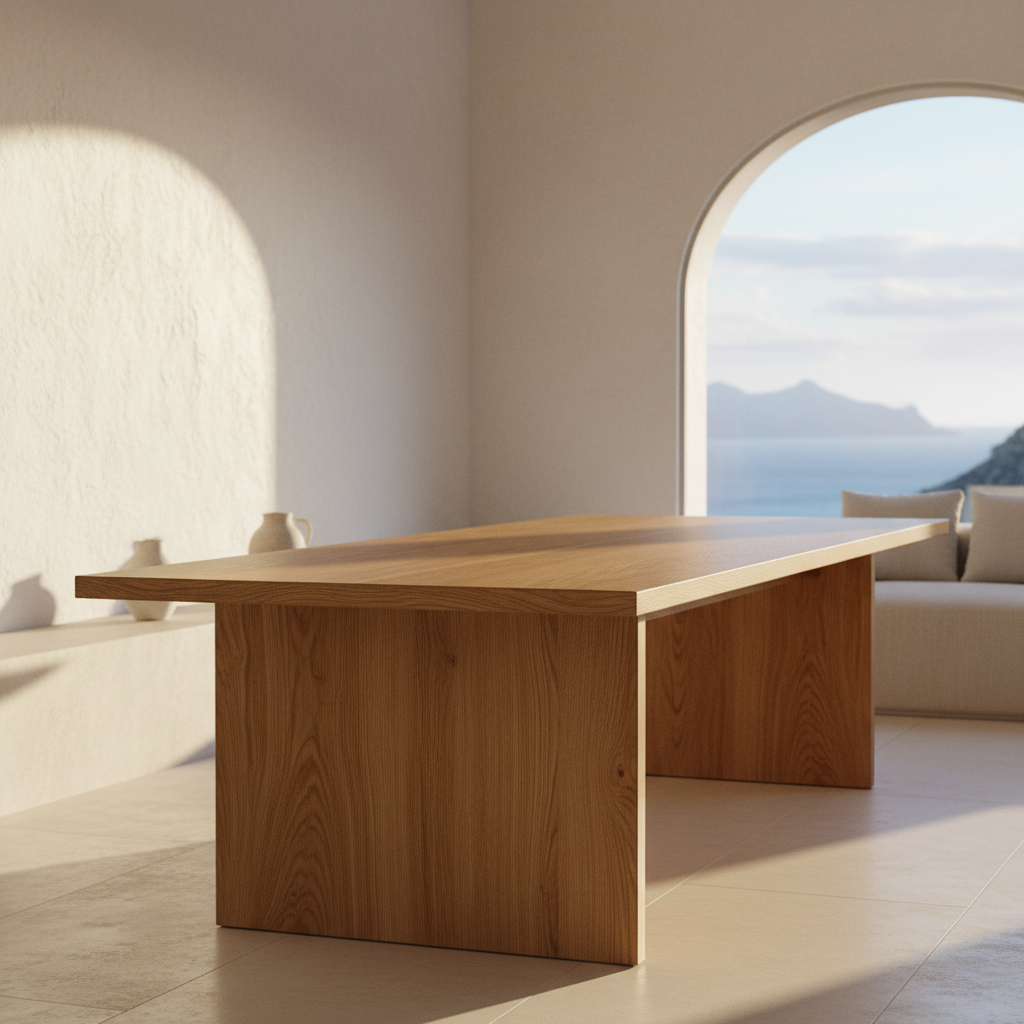 A finely crafted solid oak dining table with a smooth, satin finish and subtly chamfered edges, its grain running in warm honey and amber tones. The table is set in a minimalist, sunlit Mallorcan living space with white limewashed walls and a large window revealing a soft glimpse of the Mediterranean sea and distant Serra de Tramuntana hills. Late afternoon golden light pours in, caressing the wood surface and casting gentle, elongated shadows on a pale stone floor. Photographic realism, eye-level composition with a slight angle from one corner of the table, sharp focus on the wood texture, background softly blurred. The atmosphere feels sophisticated, calm, and timeless, emphasizing bespoke craftsmanship and island elegance without any signage or retail displays.