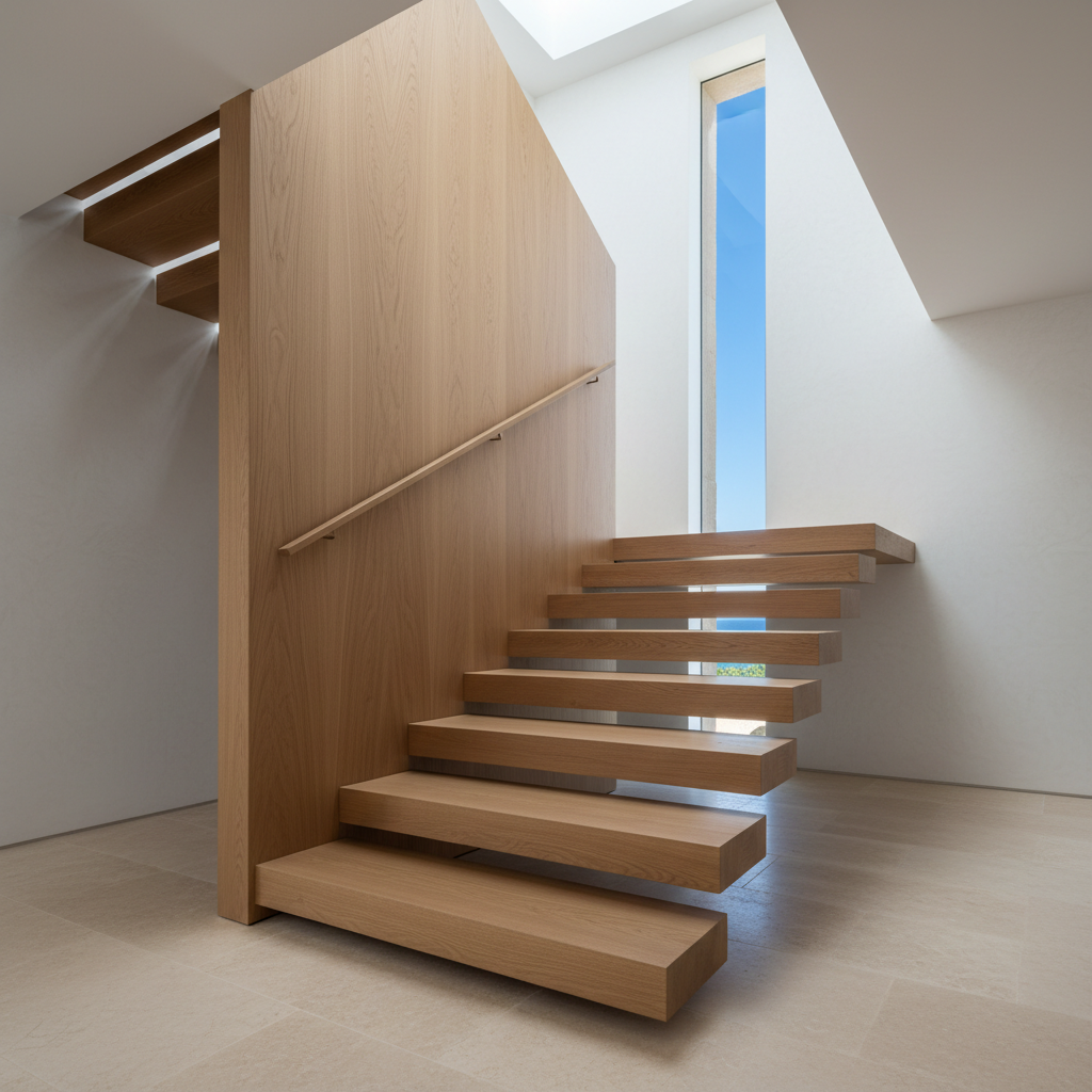 An elegant custom-built oak staircase with floating treads and a minimalist integrated handrail carved directly into a smooth wooden wall, showcasing meticulous joinery and continuous grain running along each step. The staircase rises within a contemporary Mallorcan villa interior, where pale sandstone flooring meets whitewashed walls and a tall vertical slit window frames a narrow view of deep blue sky and distant sea. Soft, indirect natural light filters down from above, creating refined shadows beneath each tread and a gentle sheen on the wood. Captured in photographic realism from a low angle at the base of the stairs, emphasizing depth and sculptural form. The mood is architectural, serene, and luxurious, underscoring bespoke carpentry as a key design element rather than a decorative afterthought.