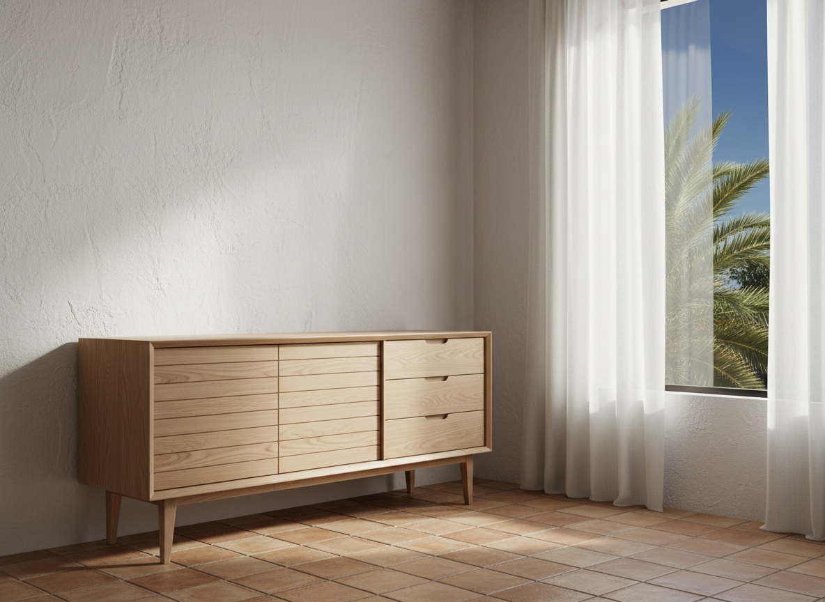 A bespoke solid ash sideboard with clean, modern lines and tapered legs, featuring a combination of drawers and finely aligned slatted doors, stands against a textured white wall in a Mallorcan townhouse. The pale wood contrasts elegantly with the warm terracotta tiled floor, and a large, frameless window to the right reveals a glimpse of blue sky and palm fronds outside. Late morning sunlight enters, diffused by sheer curtains, wrapping the furniture in a soft glow and creating gentle reflections on its smooth surface. Photographic realism, composed using the rule of thirds, with the sideboard slightly off-center and sharp focus throughout. The atmosphere is sophisticated yet warm, highlighting artisanal woodworking and custom-made furniture in a relaxed Mediterranean home setting.