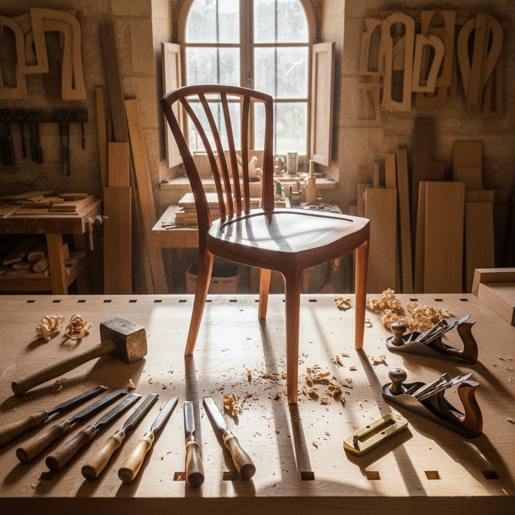A detailed, overhead photographic shot of a carpentry workbench in a bright Mallorcan workshop, centered on a half-finished custom hardwood chair with elegantly curved backrest and finely sanded joints. Surrounding it are carefully arranged hand tools: sharp chisels, a wooden mallet, a brass marking gauge, and delicate wood shavings curling across the solid beech worktop. Sunlight streams through a high window, illuminating floating dust motes and casting defined shadows from the tools. The background shows blurred stacks of neatly organized planks and templates, with no signs of retail or sales displays. The mood is focused and artisanal, celebrating the process of craftsmanship. Photographic realism, slightly elevated angle, moderate depth of field emphasizing the chair and tools as the heart of bespoke woodworking in Mallorca.