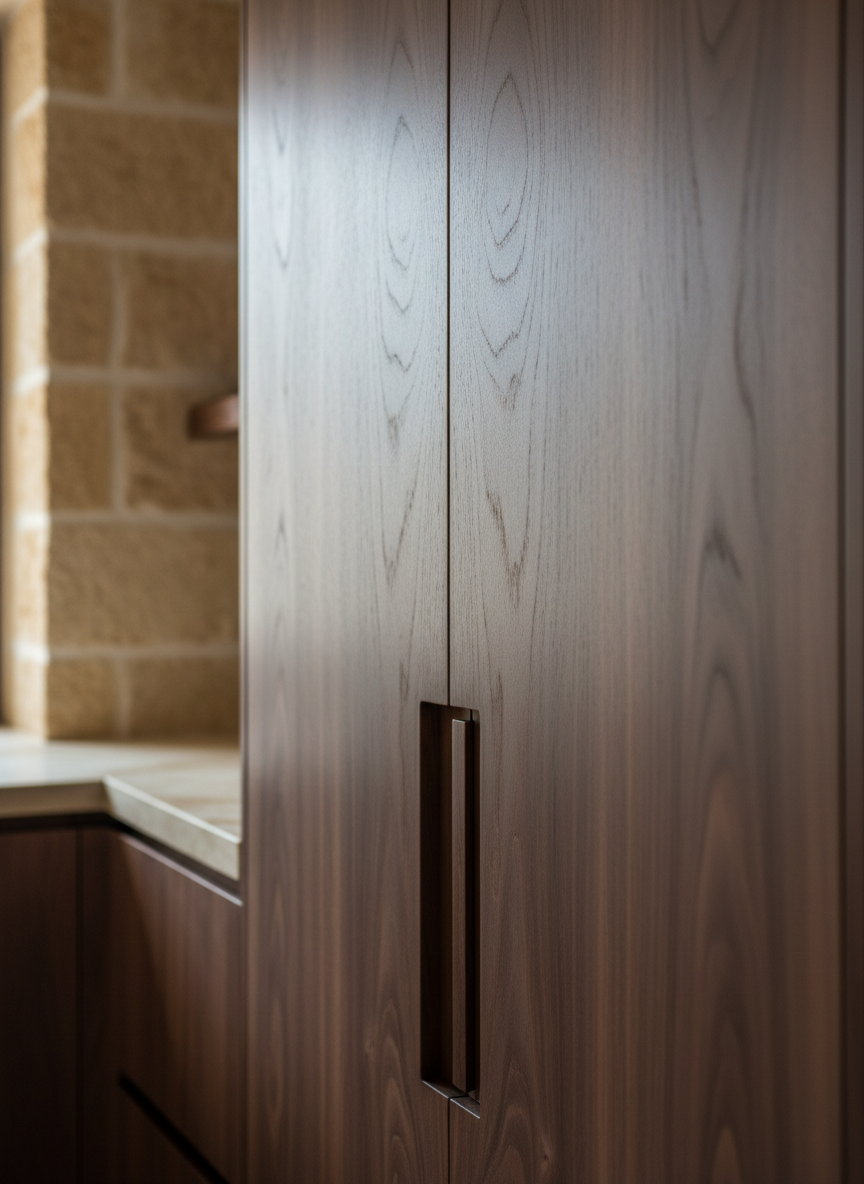 A close-up, photographic view of a pair of custom wooden cabinet doors in rich walnut, featuring seamless joinery, discreet integrated handles, and a silky matte finish that reveals intricate grain patterns. The cabinetry is installed in a refined Mallorcan kitchen with cream-colored stone countertops and a hint of exposed sandstone wall in the softly blurred background. Soft morning light enters from an unseen window to the left, creating delicate highlights along the beveled edges and subtle shadows in the recessed panels. Shot at eye level with a shallow depth of field, focusing intensely on the precise craftsmanship and texture. The mood is serene and luxurious, conveying high-end, made-to-measure carpentry without any commercial or retail elements.