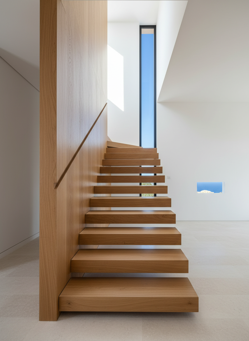 An elegant custom-built oak staircase with floating treads and a minimalist integrated handrail carved directly into a smooth wooden wall, showcasing meticulous joinery and continuous grain running along each step. The staircase rises within a contemporary Mallorcan villa interior, where pale sandstone flooring meets whitewashed walls and a tall vertical slit window frames a narrow view of deep blue sky and distant sea. Soft, indirect natural light filters down from above, creating refined shadows beneath each tread and a gentle sheen on the wood. Captured in photographic realism from a low angle at the base of the stairs, emphasizing depth and sculptural form. The mood is architectural, serene, and luxurious, underscoring bespoke carpentry as a key design element rather than a decorative afterthought.